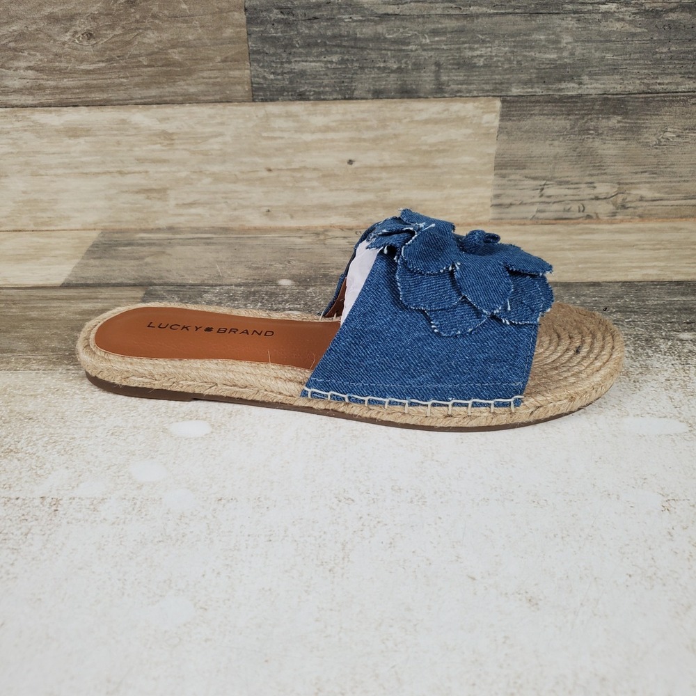 Lucky Brand Biricha Floral Slide Sandal Womens Sz 8 M Blue Denim Leather Slip On